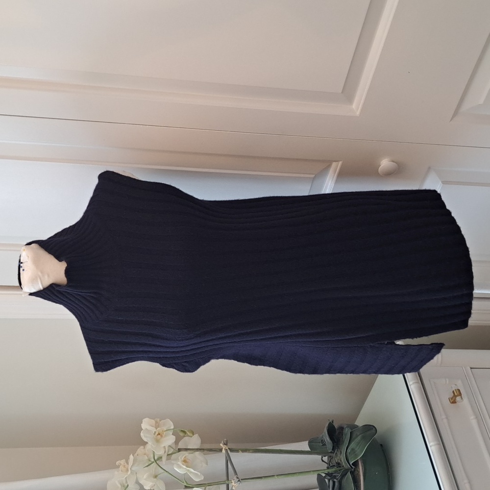 Vince Womens Navy Wool/Cashmere Ribbed Sleeveless ‎ Asymetrical Front Sweater SM